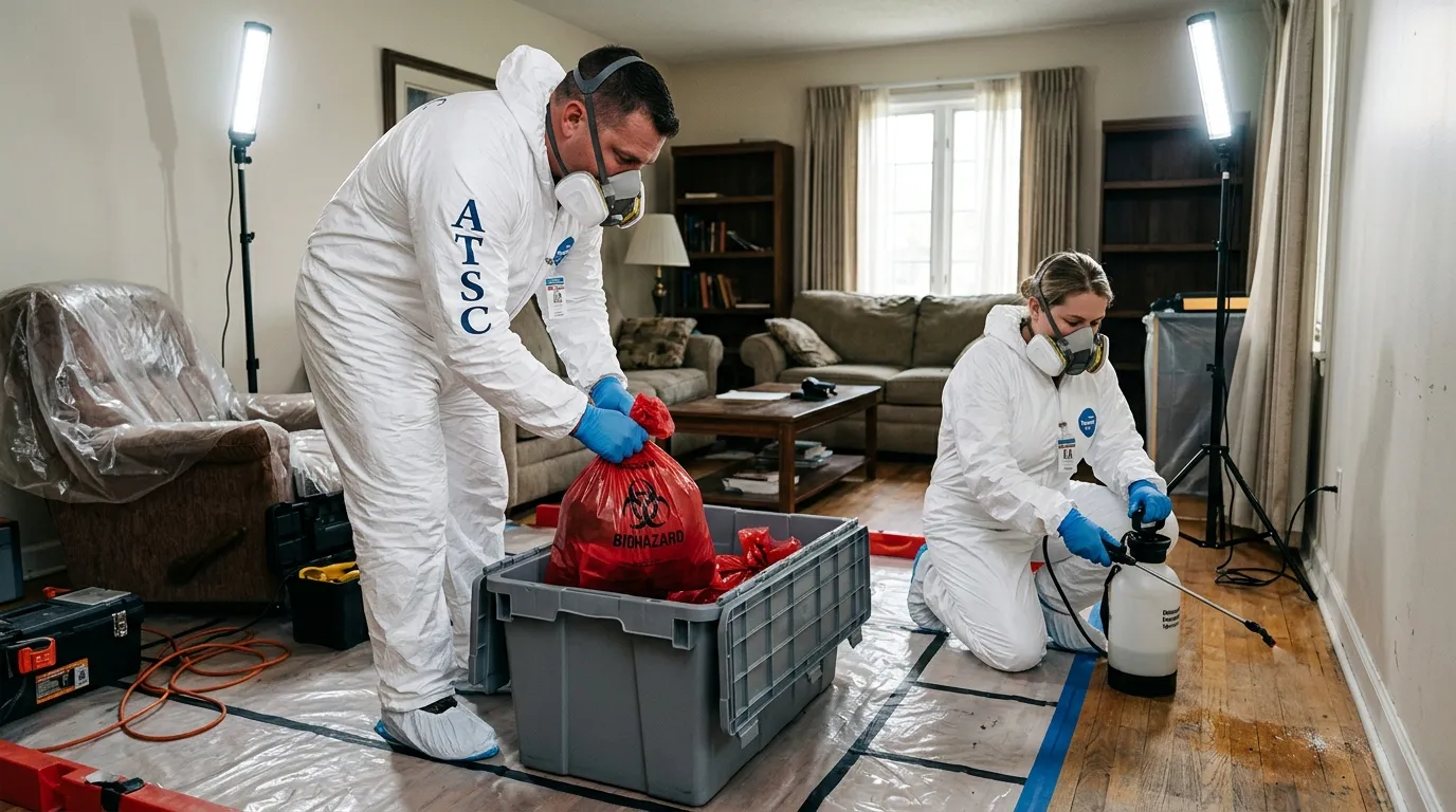 Professional Hazmat Cleanup technician in full PPE working in Richmond Heights